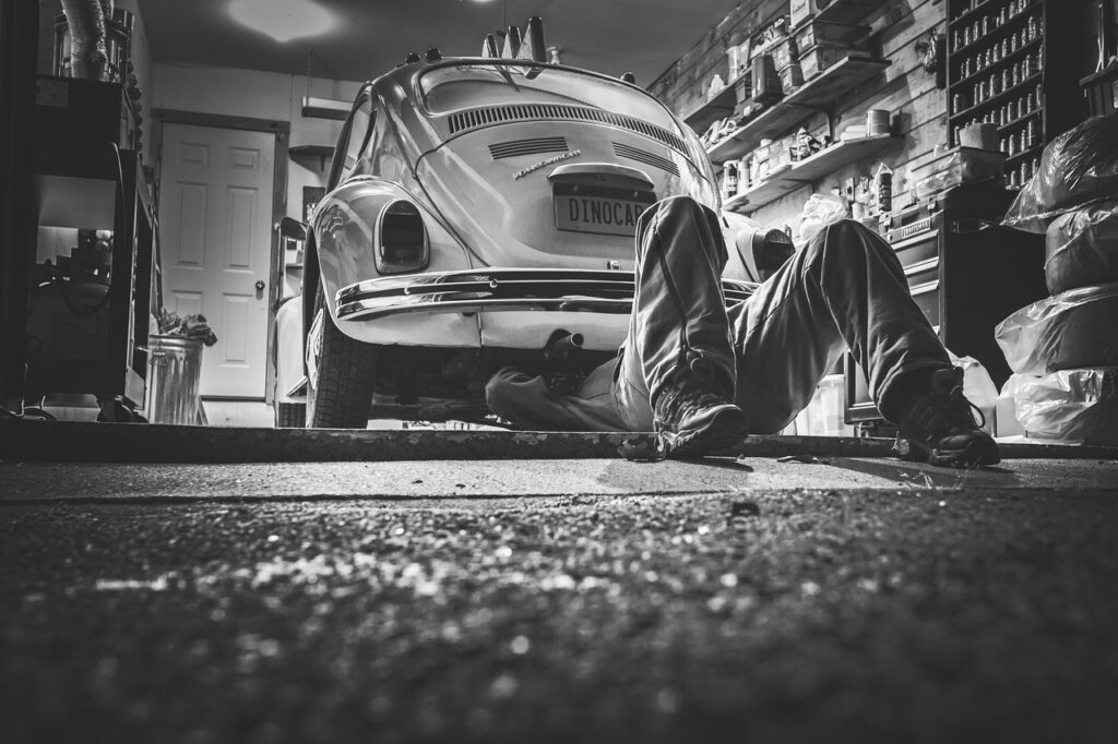 man, car, repair, car repair, car workshop, repair shop, repairs, garage, mechanic, vw beetle, volkswagen, beetle, automotive, car wallpapers, workshop, tools, supplies, monochrome, black and white